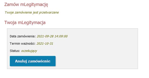 Panel zamówienia mLegitymacji studenckiej ze statusem 'oczekujący', datą zamówienia 2021-09-28 i terminem ważności do 2021-10-31, z przyciskiem anulowania zamówienia