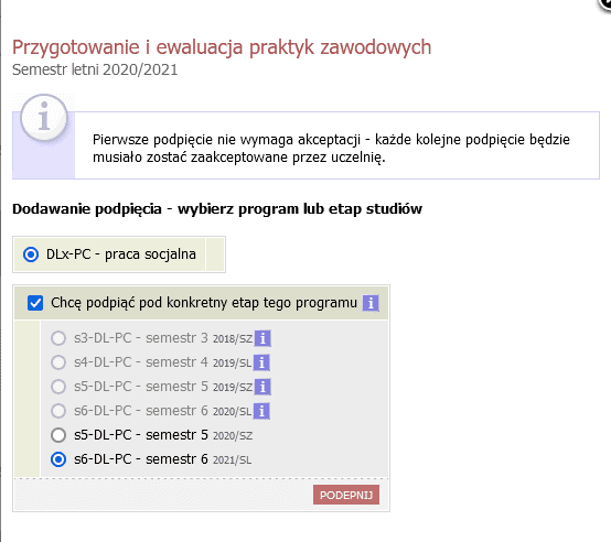 Formularz dodawania podpięcia dla programu DLx-PC - praca socjalna, z wyborem semestru 6 2021/SL i informacją o akceptacji pierwszego podpięcia