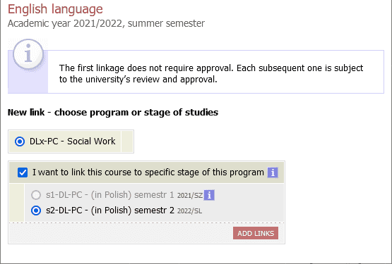 Panel linkowania przedmiotu 'English language' w systemie USOS z wyborem programu DLx-PC - Social Work i opcją wyboru semestru, wraz z informacją o zasadach zatwierdzania pierwszego i kolejnych podpięć