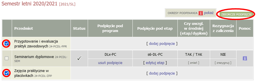 Lista przedmiotów z podpięciami na semestr letni 2020/2021, zawierająca praktyki zawodowe, seminarium dyplomowe i zajęcia praktyczne, z przyciskiem 'ZBIORCZE PODPIĘCIE'