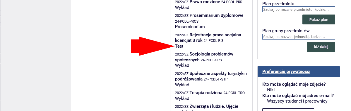 Panel główny USOS z listą przedmiotów studenta, ankietą do wypełnienia z lektoratu języka angielskiego oraz planem zajęć na bieżący tydzień