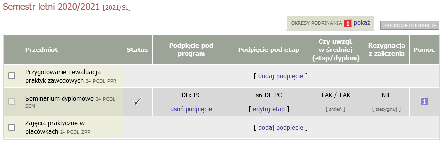 Panel podpięć dla semestru letniego 2020/2021 z listą przedmiotów zawierającą seminarium dyplomowe i praktyki zawodowe, ze statusami podpięć i opcjami edycji