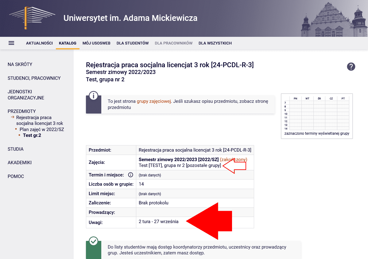 Szczegółowe informacje o grupie zajęciowej w systemie USOS, zawierające dane o limicie miejsc, terminie i uwagach dotyczących drugiej tury rejestracji