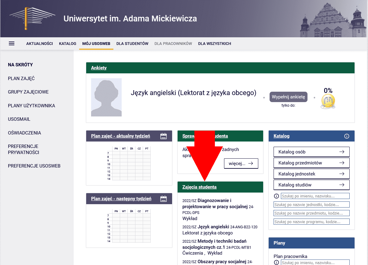 Strona przedmiotu 'Rejestracja praca socjalna licencjat 3 rok' w systemie USOS, pokazująca szczegóły testu grupy nr 2 z semestru zimowego 2022/2023, z informacją o drugiej turze rejestracji