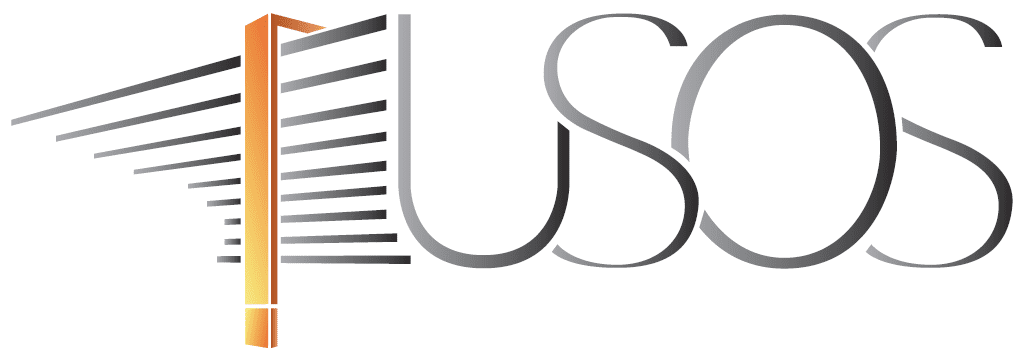 Logo systemu USOS w kolorach szarym i pomarańczowym, przedstawiające stylizowany budynek uniwersytecki z charakterystycznym napisem 'USOS'