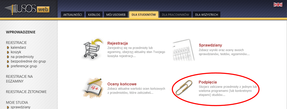 Strona główna systemu USOS z menu nawigacyjnym i sekcją 'Podpięcia' oznaczoną ikoną spinacza, umożliwiającą powiązanie przedmiotów z programami studiów