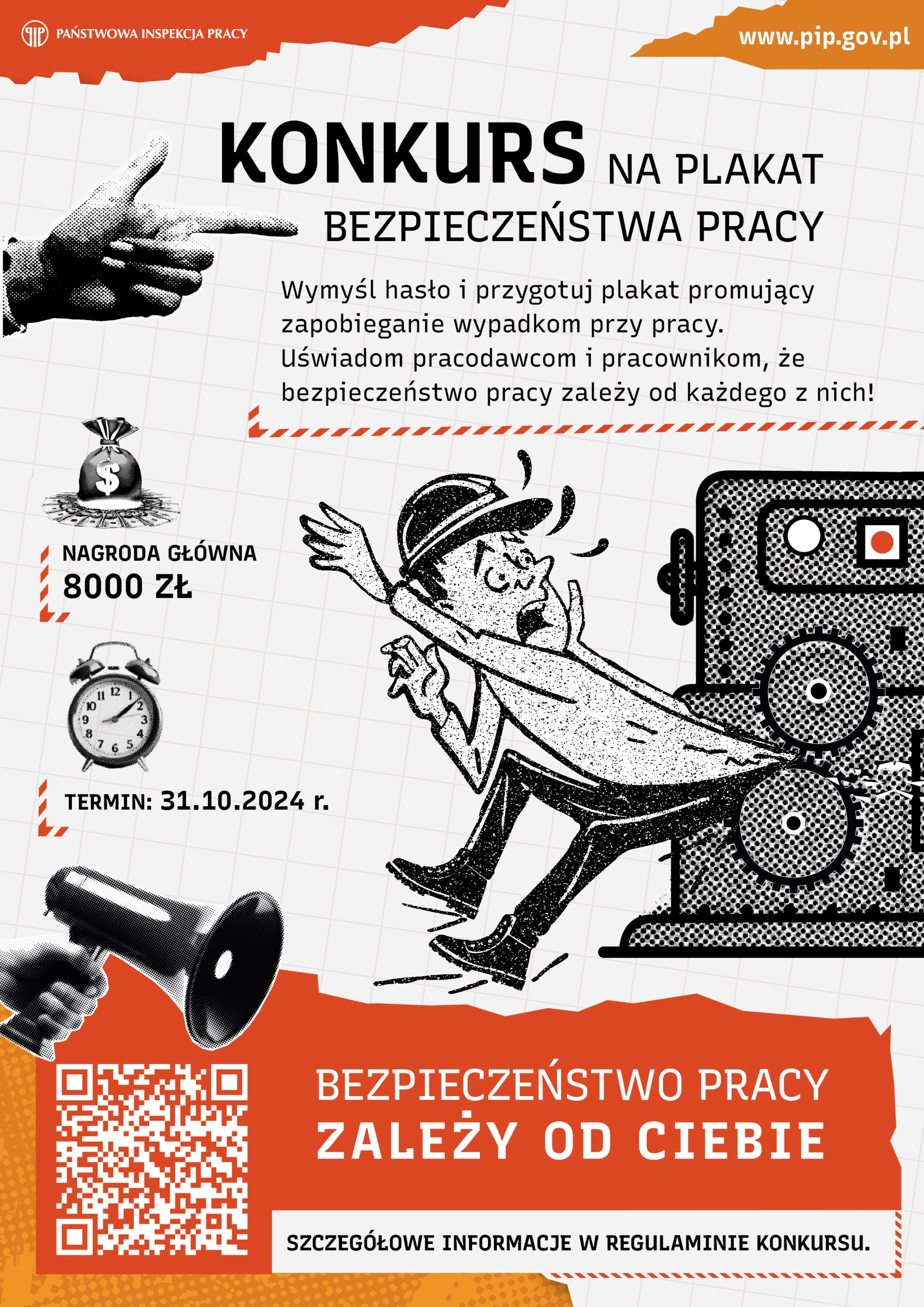 Plakat konkursowy Państwowej Inspekcji Pracy na temat bezpieczeństwa pracy, przedstawiający ilustrację pracownika w niebezpiecznej sytuacji, z informacją o nagrodzie głównej 8000 zł i terminie do 31.10.2024