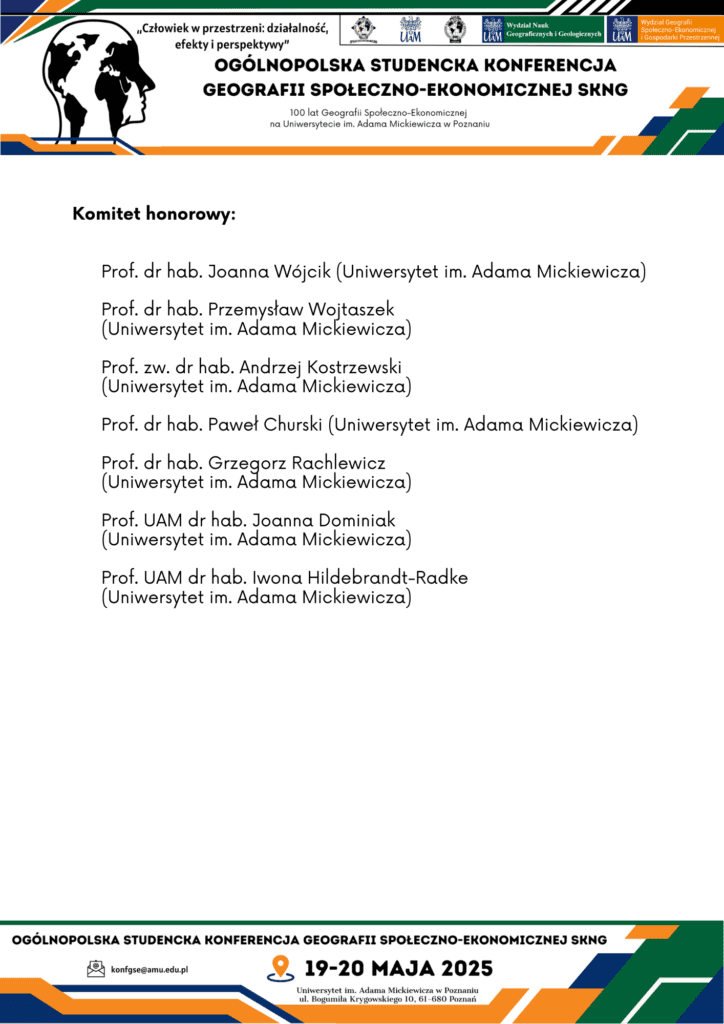 Lista członków komitetu honorowego Ogólnopolskiej Studenckiej Konferencji Geografii Społeczno-Ekonomicznej, Uniwersytet im. Adama Mickiewicza w Poznaniu.