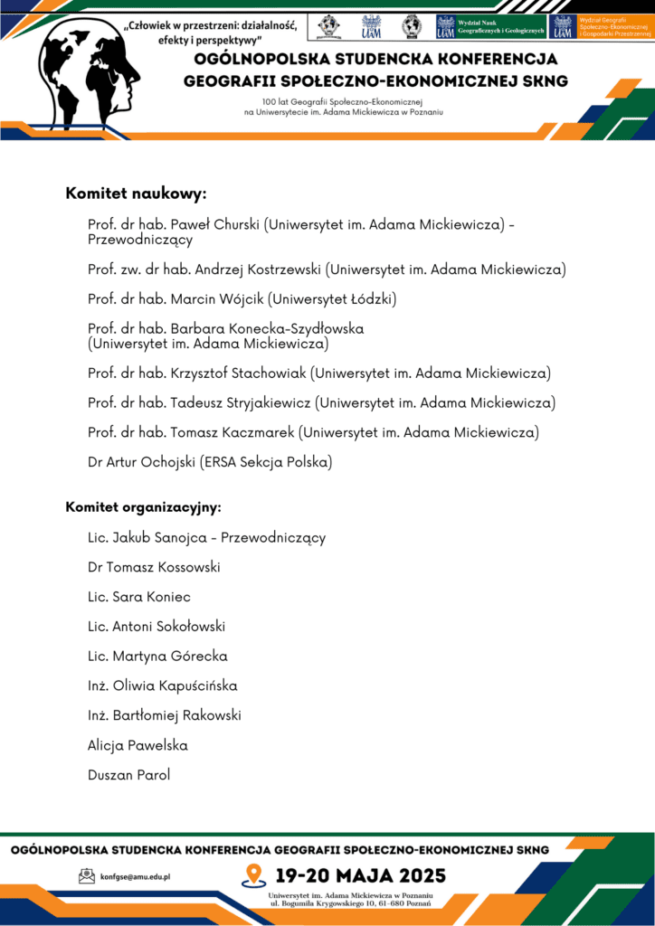 Lista członków komitetu naukowego i organizacyjnego Ogólnopolskiej Studenckiej Konferencji Geografii Społeczno-Ekonomicznej, 19-20 maja 2025.