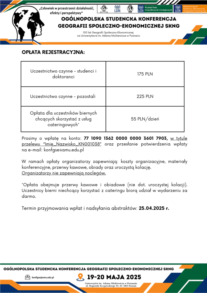 Szczegóły dotyczące opłat rejestracyjnych, konta bankowego oraz kosztów uczestnictwa w konferencji geografii społeczno-ekonomicznej w Poznaniu.