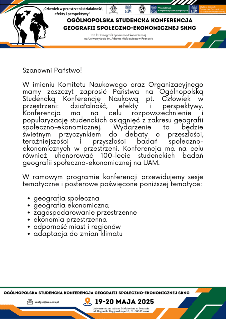 Zaproszenie na konferencję: „Człowiek w przestrzeni: działalność, efekty i perspektywy”, 100 lat geografii społeczno-ekonomicznej na UAM w Poznaniu.