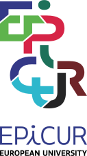 Logo aliansu EPICUR (European University) w kolorach niebieskim, zielonym, czerwonym i brązowym, przedstawiające dynamiczną sylwetkę biegacza