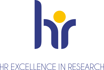 Logo HR Excellence in Research w kolorach granatowym i żółtym, przedstawiające stylizowaną literę 'hr' z żółtym punktem symbolizującym człowieka