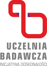 Logo Uczelni Badawczej - czerwony symbol nieskończoności z napisem Inicjatywa Doskonałości