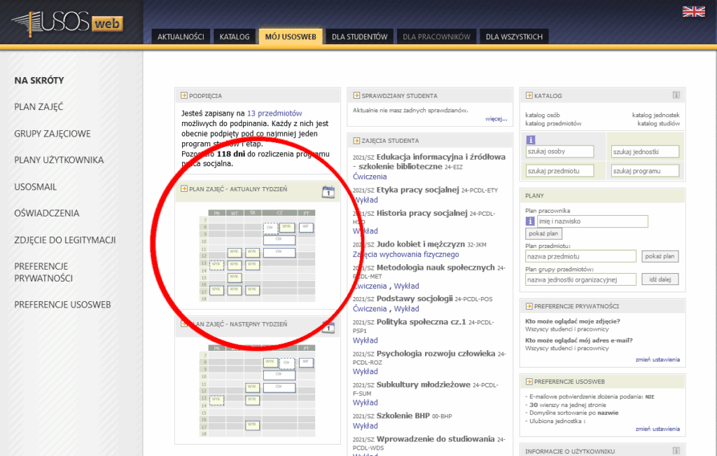 Strona główna USOSweb z podglądem tygodniowego planu zajęć i menu nawigacyjnym dla studentów oraz pracowników.