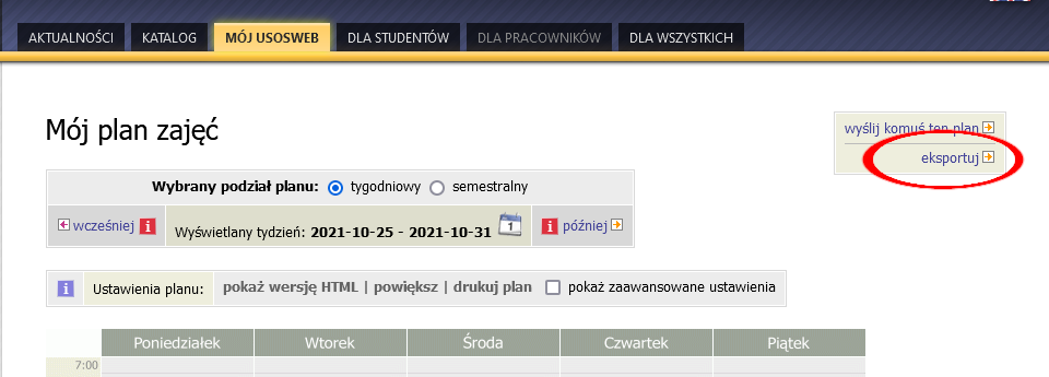 Widok planu zajęć w USOSweb z zaznaczoną opcją eksportu planu do pliku lub kalendarza zewnętrznego.
