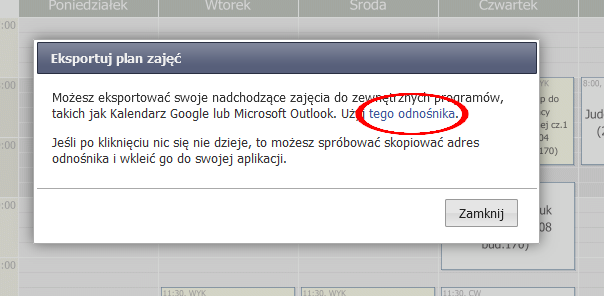 Okno dialogowe w USOSweb z instrukcją kopiowania odnośnika do eksportu planu zajęć do zewnętrznych aplikacji kalendarza.