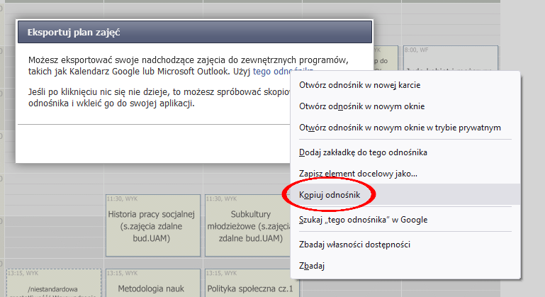 Zrzut ekranu systemu USOSweb z widocznym planem zajęć i opcją eksportu planu do zewnętrznych kalendarzy, np. Google lub Outlook.