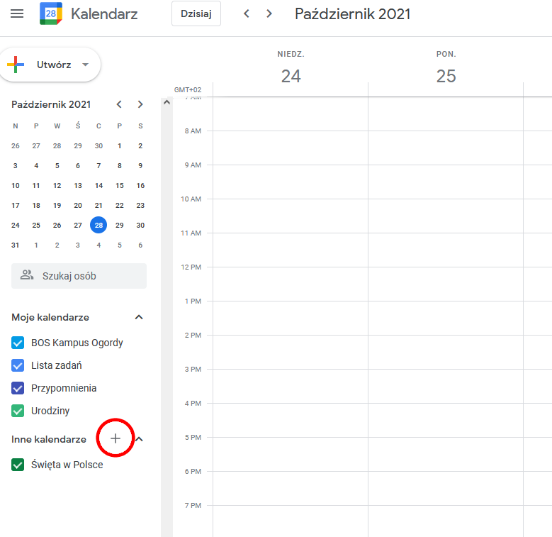 Widok Google Kalendarza z zaznaczonym przyciskiem „plus” przy sekcji „Inne kalendarze” po lewej stronie.