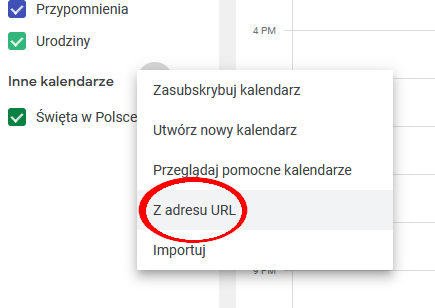 Menu kontekstowe w Google Kalendarzu z zaznaczoną opcją „Z adresu URL” do dodania nowego kalendarza.