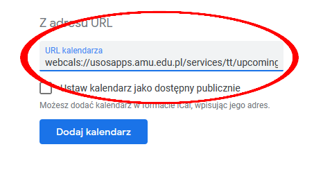 Pole z wpisanym adresem webcal URL kalendarza w Google Kalendarzu, podświetlone na czerwono.