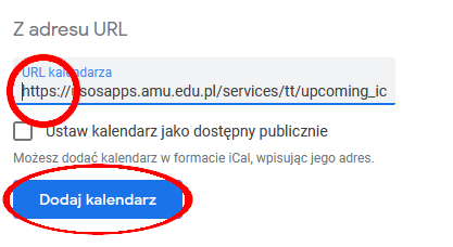 Formularz Google Kalendarza z polem do wklejenia adresu URL kalendarza i przyciskiem „Dodaj kalendarz” zaznaczonym na czerwono.