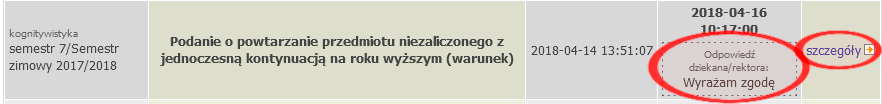 Widok listy podań w USOSweb z informacją o zgodzie dziekana na powtarzanie przedmiotu i linkiem do szczegółów podania.