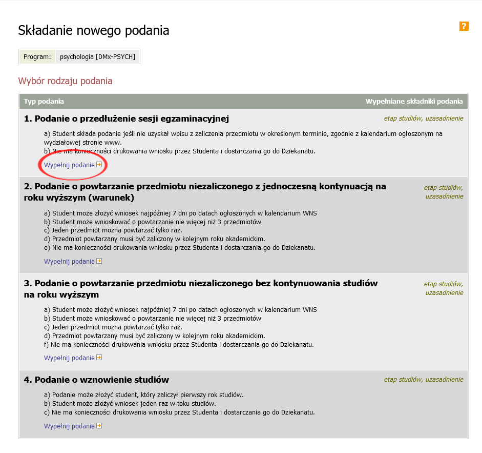 Lista typów podań w USOSweb, z wyróżnioną opcją „Wypełnij podanie” dla przedłużenia sesji egzaminacyjnej.