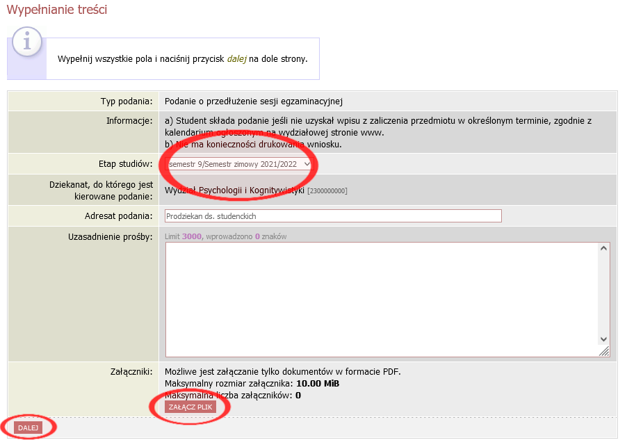 Formularz wypełniania podania o przedłużenie sesji egzaminacyjnej w USOSweb z widocznymi polami do uzupełnienia i przyciskami „dalej” oraz „załącz plik”.