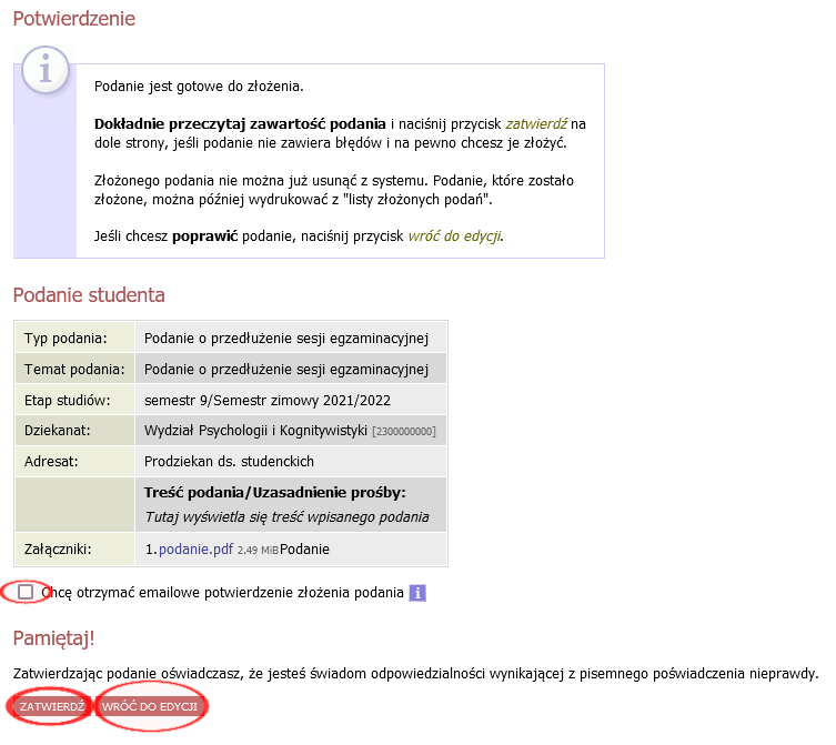 Podsumowanie podania o przedłużenie sesji egzaminacyjnej w USOSweb z opcjami „zatwierdź” i „wróć do edycji” oraz szczegółami podania studenta.