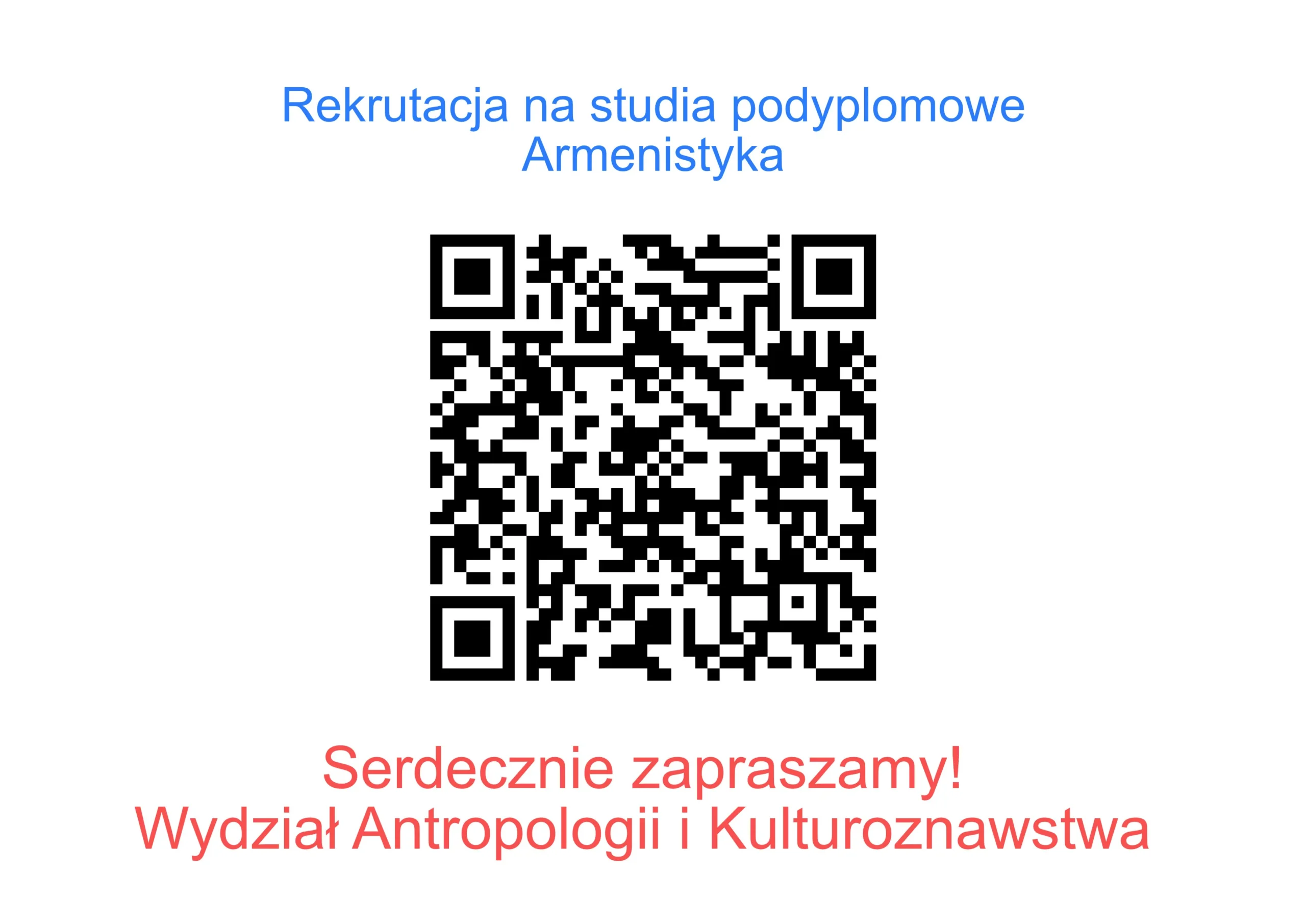 Plakat rekrutacyjny na studia podyplomowe Armenistyka z kodem QR i informacją o zapisach.