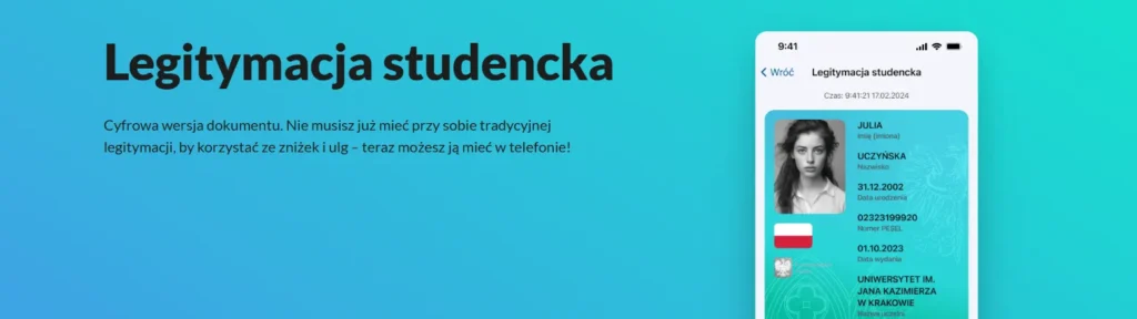 Reklama mLegitymacji studenckiej jako cyfrowego dokumentu dostępnego w aplikacji mobilnej.