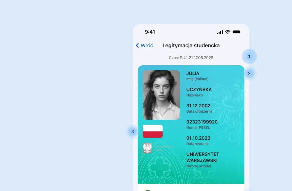 Przykładowa mLegitymacja studencka w aplikacji mObywatel z danymi studenta i uczelni.