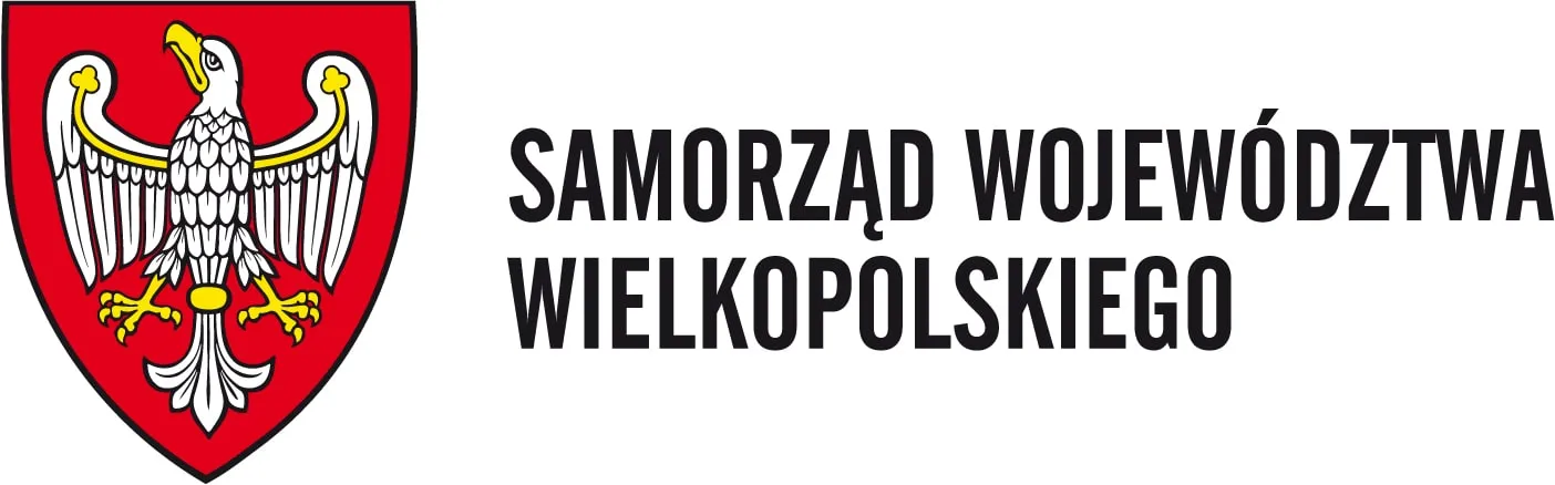 Herb Wielkopolski z białym orłem na czerwonym tle oraz napis Samorząd Województwa Wielkopolskiego.