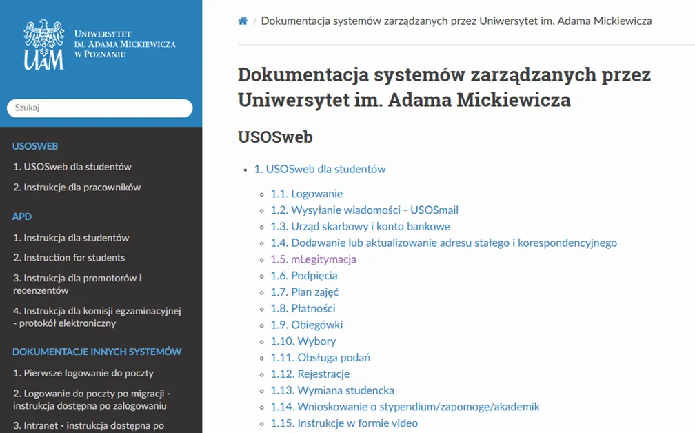 Strona z dokumentacją systemów USOSweb dla studentów Uniwersytetu im. Adama Mickiewicza.