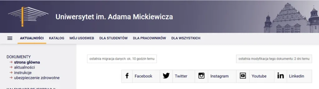 Widok strony głównej USOSweb Uniwersytetu im. Adama Mickiewicza z menu i ikonami mediów społecznościowych.