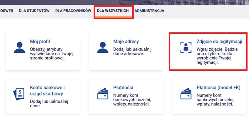 Panel USOSweb z opcją dodania zdjęcia do legitymacji studenckiej na UAM.