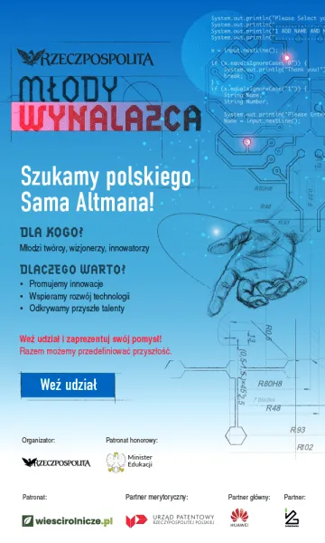 Plakat konkursu Młody Wynalazca Rzeczpospolitej. Hasło: "Szukamy polskiego Sama Altmana!". W tle grafiki symbolizujące technologię i innowacje.