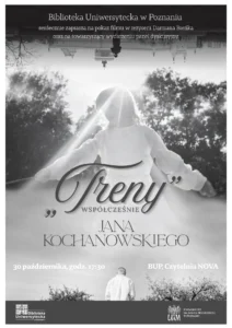Plakat zaprasza na pokaz filmu "Treny" i dyskusję. 30 października, 17:30, BUP Czytelnia NOVA. Grafika przedstawia dziecko w ogrodzie i odwróconego mężczyznę.
