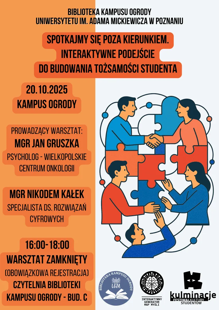 Plakat warsztatu dla studentów o budowaniu tożsamości. 20.10.2025, Kampus Ogrody. Prowadzący: mgr Jan Gruszka, mgr Nikodem Kałek. Obowiązuje rejestracja.