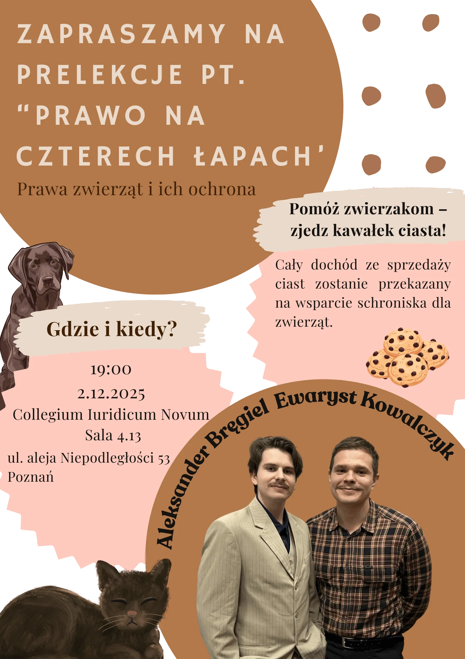Plakat prelekcji Prawo na czterech łapach z wizerunkiem prelegentów A. Bręgiela i E. Kowalczyka. Termin: 2.12.2025, Collegium Iuridicum Novum.