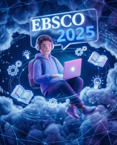 Grafika ze studentem przy laptopie i napisem EBSCO 2025 promująca bezpłatne szkolenia online i webinaria biblioteki uniwersyteckiej.