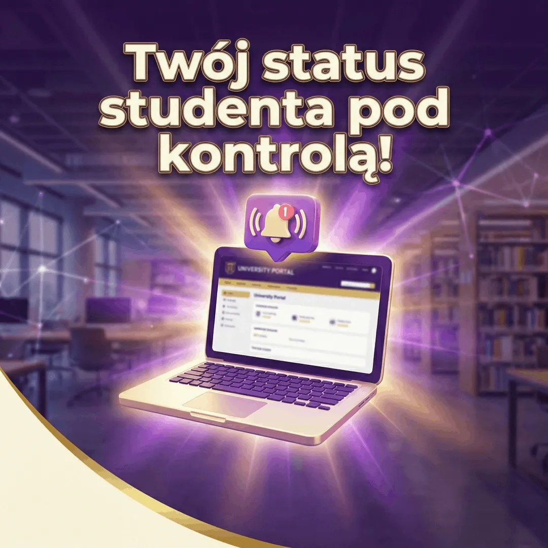 Grafika z laptopem i dzwonkiem powiadomienia oraz napisem: Twój status studenta pod kontrolą. Informuje o e-doręczeniach decyzji administracyjnych w USOS.