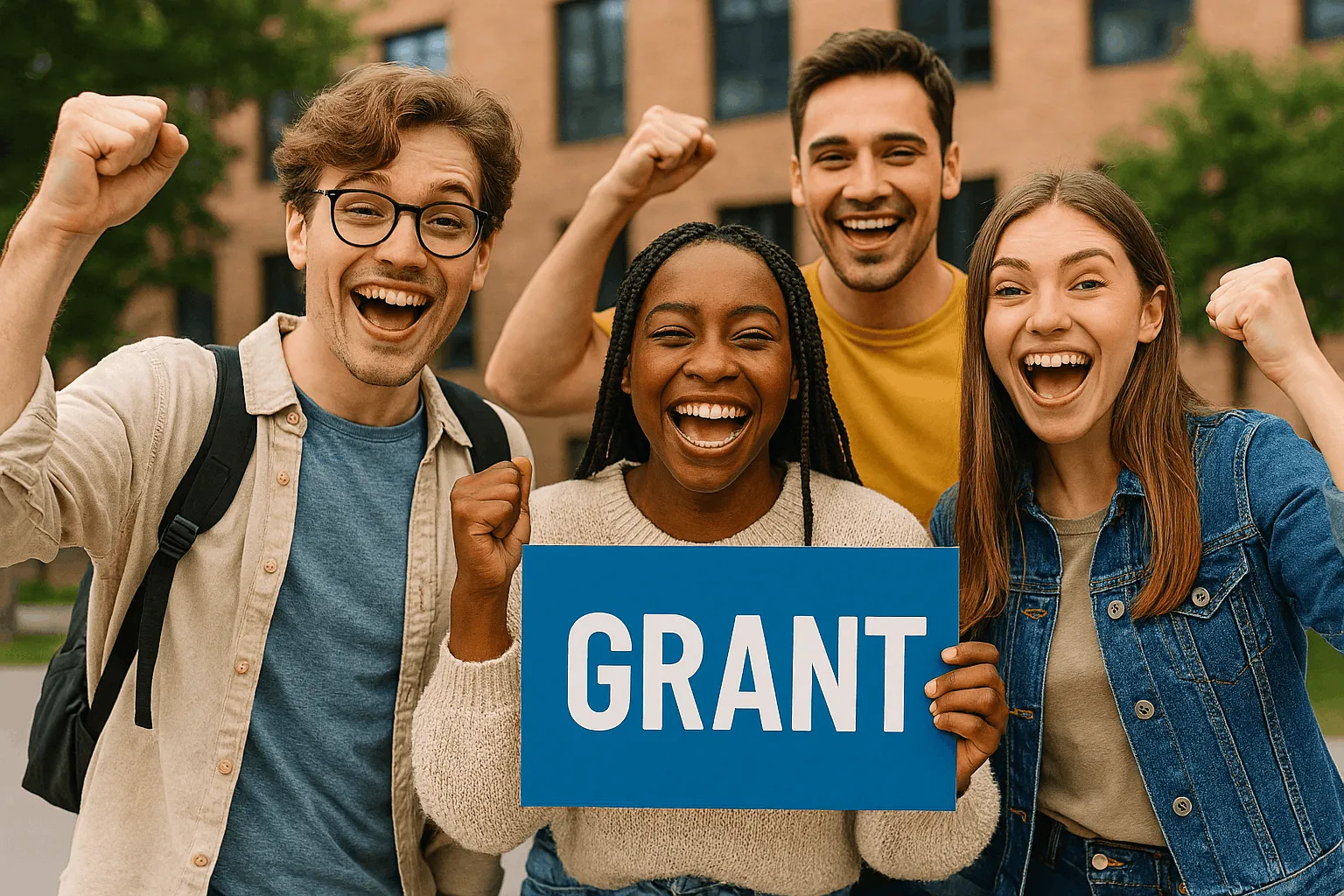 Grupa radosnych, świętujących studentów; jedna z osób trzyma niebieską tabliczkę z białym napisem GRANT.