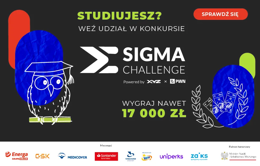 Plakat konkursu Sigma Challenge z sową w birecie, informacją o wygranej 17 000 zł oraz logotypami mecenasów i partnerów akcji.
