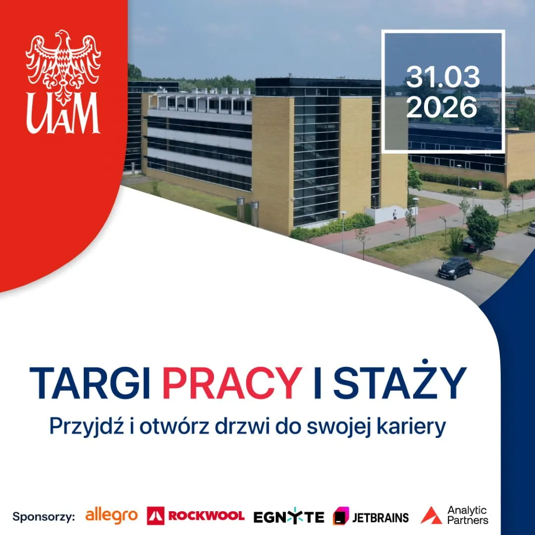 Plakat Targów Pracy i Staży UAM 31.03.2026. Widok na budynek WMI, logotypy sponsorów: Allegro, Rockwool, Egnyte, JetBrains, Analytic Partners.