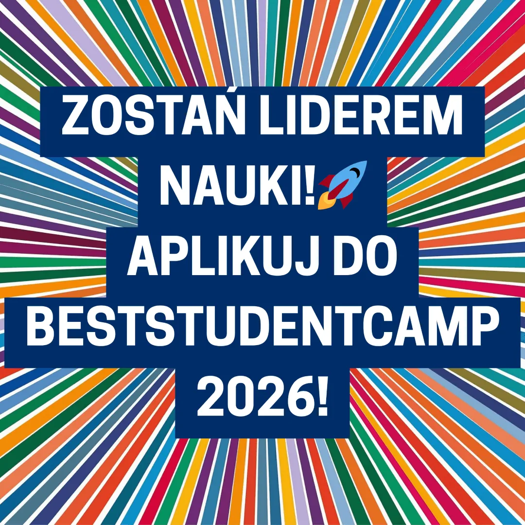 Kolorowa grafika z napisem „Zostań liderem nauki! Aplikuj do BESTStudentCAMP 2026!” oraz ikoną rakiety na tle promieni w wielu barwach.