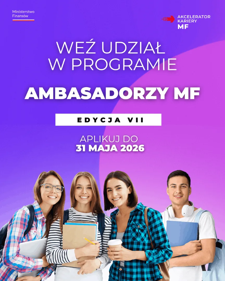 Plakat VII edycji programu Ambasadorzy MF. Czwórka uśmiechniętych studentów zachęca do udziału. Napis: Aplikuj do 31 maja 2026.