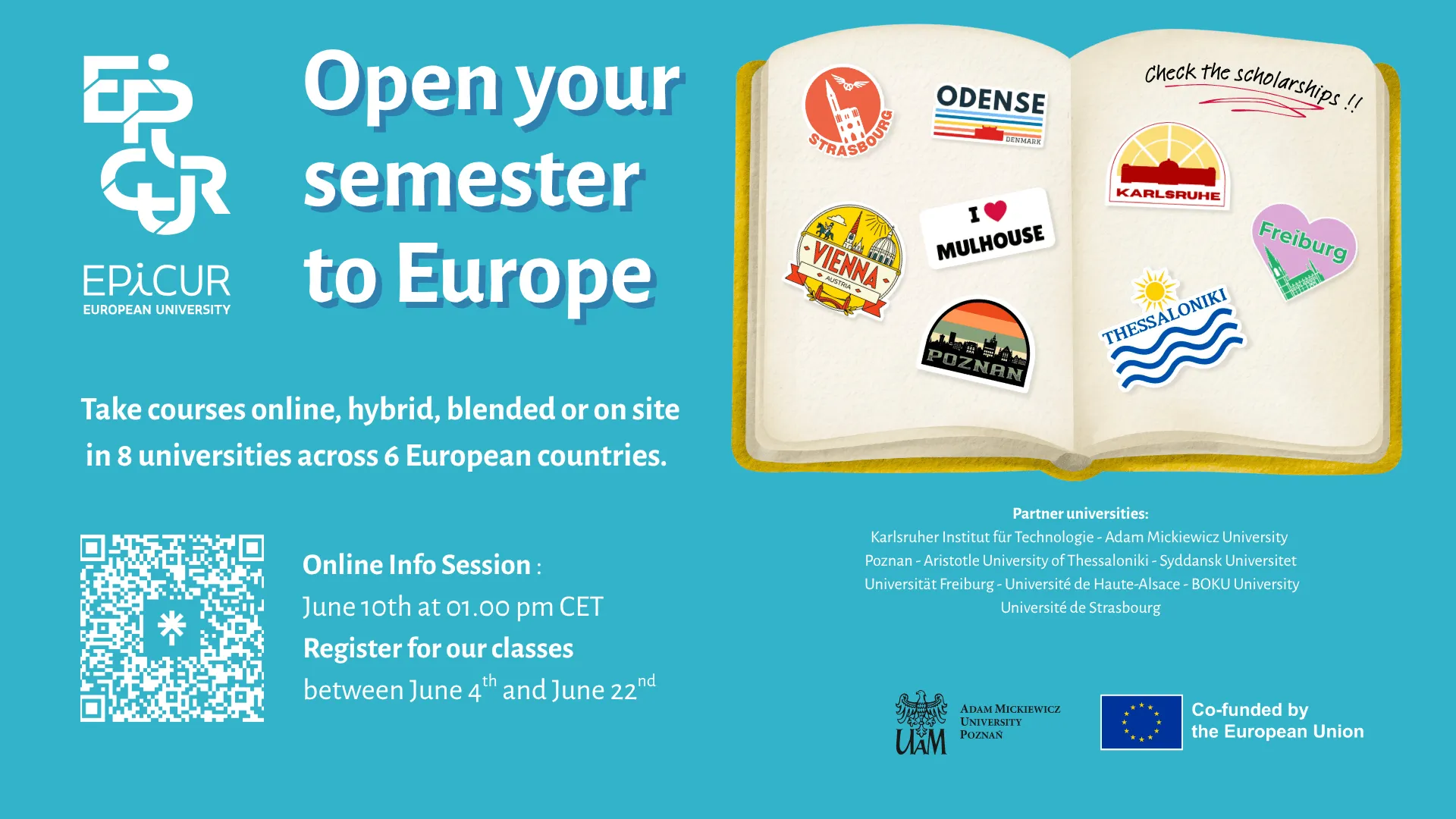 Grafika kursy EPICUR Open your semester to Europe. Kod QR do spotkania 10 czerwca, daty rejestracji i otwarta książka z naklejkami miast partnerskich.Grafika kursy EPICUR Open your semester to Europe. Kod QR do spotkania 10 czerwca, daty rejestracji i otwarta książka z naklejkami miast partnerskich.