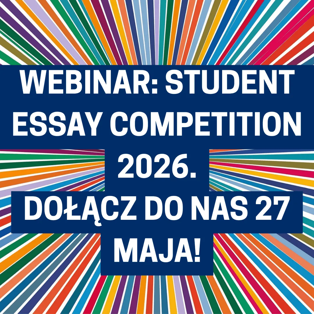 Grafika z napisem Webinar Student Essay Competition 2026 Dołącz do nas 27 maja na tle kolorowych promieni rozchodzących się ze środka.